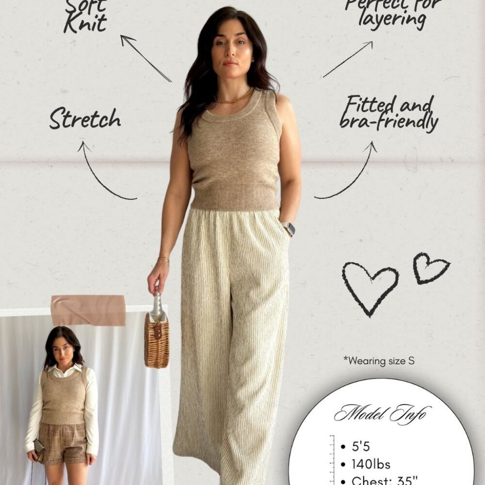 Chic Neutral Knit Sweater Vest Effortless Layering Piece - Picture 2 of 14